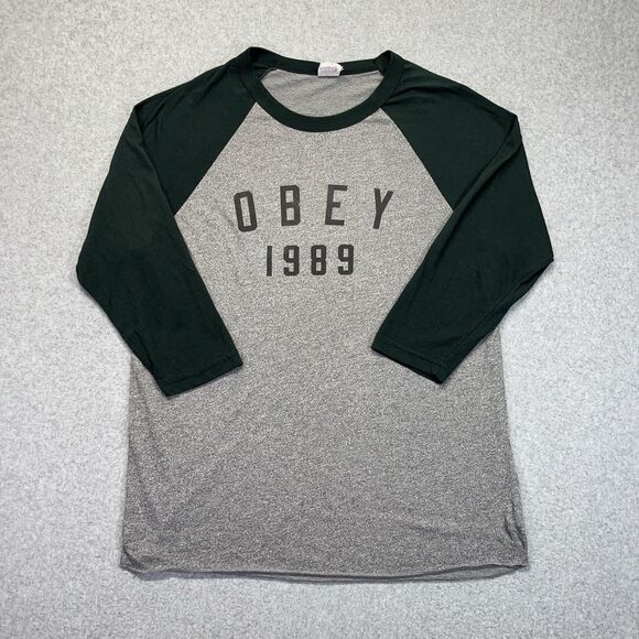 Obey Raglan T-Shirt Men’s Large Green Gray Made in USA Spellout Vintage Skate - Picture 1 of 9
